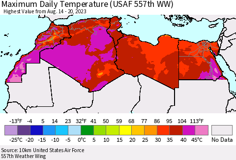 North Africa Maximum Daily Temperature (USAF 557th WW) Thematic Map For 8/14/2023 - 8/20/2023