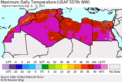 North Africa Maximum Daily Temperature (USAF 557th WW) Thematic Map For 8/21/2023 - 8/27/2023