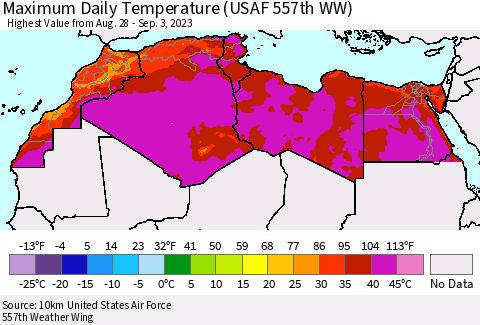 North Africa Maximum Daily Temperature (USAF 557th WW) Thematic Map For 8/28/2023 - 9/3/2023