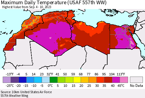North Africa Maximum Daily Temperature (USAF 557th WW) Thematic Map For 9/4/2023 - 9/10/2023