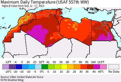 North Africa Maximum Daily Temperature (USAF 557th WW) Thematic Map For 9/11/2023 - 9/17/2023