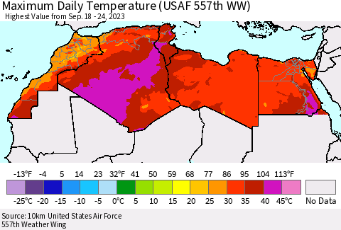 North Africa Maximum Daily Temperature (USAF 557th WW) Thematic Map For 9/18/2023 - 9/24/2023