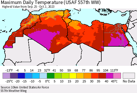 North Africa Maximum Daily Temperature (USAF 557th WW) Thematic Map For 9/25/2023 - 10/1/2023