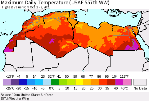 North Africa Maximum Daily Temperature (USAF 557th WW) Thematic Map For 10/2/2023 - 10/8/2023