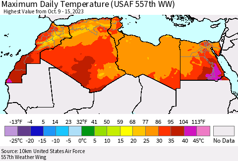 North Africa Maximum Daily Temperature (USAF 557th WW) Thematic Map For 10/9/2023 - 10/15/2023