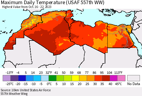 North Africa Maximum Daily Temperature (USAF 557th WW) Thematic Map For 10/16/2023 - 10/22/2023