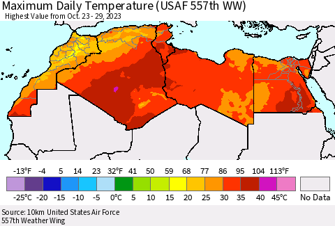 North Africa Maximum Daily Temperature (USAF 557th WW) Thematic Map For 10/23/2023 - 10/29/2023