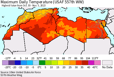 North Africa Maximum Daily Temperature (USAF 557th WW) Thematic Map For 10/30/2023 - 11/5/2023