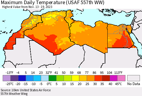 North Africa Maximum Daily Temperature (USAF 557th WW) Thematic Map For 11/13/2023 - 11/19/2023