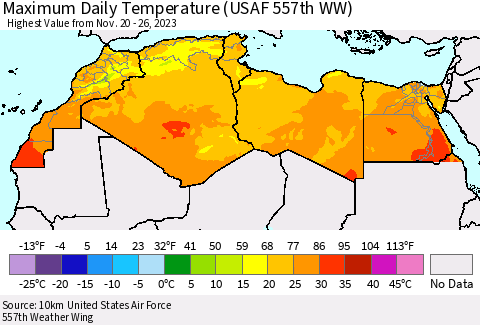 North Africa Maximum Daily Temperature (USAF 557th WW) Thematic Map For 11/20/2023 - 11/26/2023