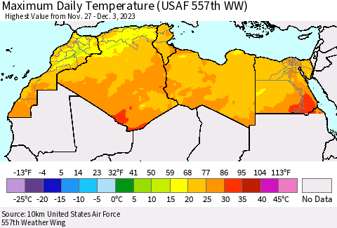 North Africa Maximum Daily Temperature (USAF 557th WW) Thematic Map For 11/27/2023 - 12/3/2023