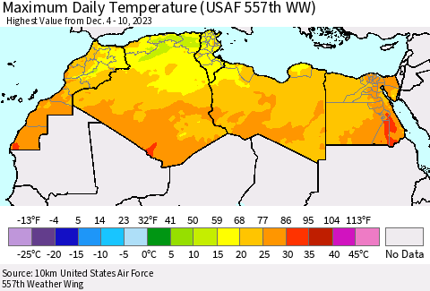 North Africa Maximum Daily Temperature (USAF 557th WW) Thematic Map For 12/4/2023 - 12/10/2023