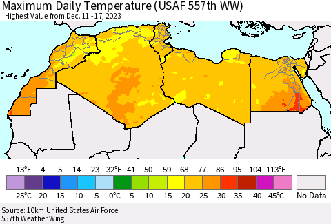 North Africa Maximum Daily Temperature (USAF 557th WW) Thematic Map For 12/11/2023 - 12/17/2023