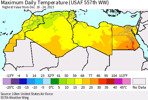 North Africa Maximum Daily Temperature (USAF 557th WW) Thematic Map For 12/18/2023 - 12/24/2023