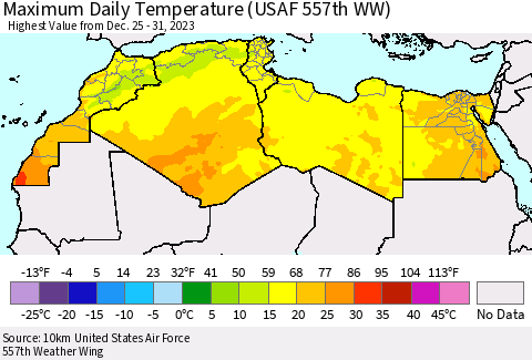 North Africa Maximum Daily Temperature (USAF 557th WW) Thematic Map For 12/25/2023 - 12/31/2023