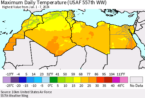 North Africa Maximum Daily Temperature (USAF 557th WW) Thematic Map For 1/1/2024 - 1/7/2024
