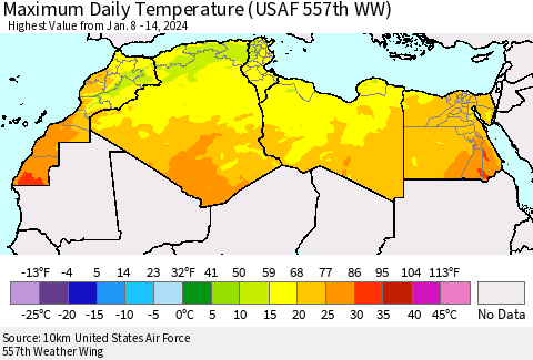 North Africa Maximum Daily Temperature (USAF 557th WW) Thematic Map For 1/8/2024 - 1/14/2024