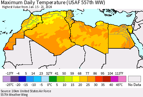 North Africa Maximum Daily Temperature (USAF 557th WW) Thematic Map For 1/15/2024 - 1/21/2024
