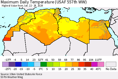 North Africa Maximum Daily Temperature (USAF 557th WW) Thematic Map For 1/22/2024 - 1/28/2024