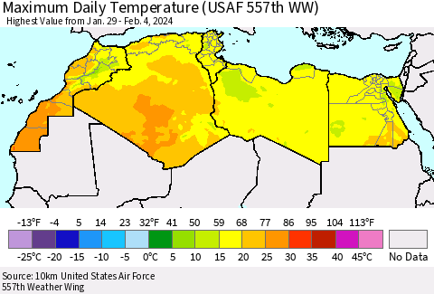 North Africa Maximum Daily Temperature (USAF 557th WW) Thematic Map For 1/29/2024 - 2/4/2024