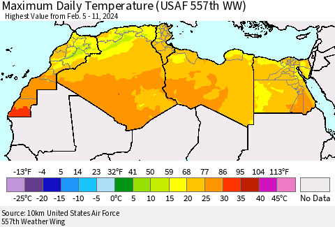 North Africa Maximum Daily Temperature (USAF 557th WW) Thematic Map For 2/5/2024 - 2/11/2024