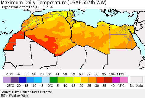 North Africa Maximum Daily Temperature (USAF 557th WW) Thematic Map For 2/12/2024 - 2/18/2024