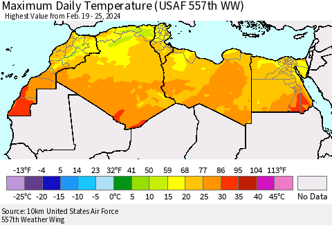 North Africa Maximum Daily Temperature (USAF 557th WW) Thematic Map For 2/19/2024 - 2/25/2024