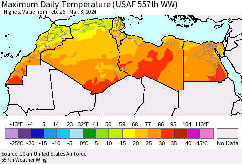 North Africa Maximum Daily Temperature (USAF 557th WW) Thematic Map For 2/26/2024 - 3/3/2024