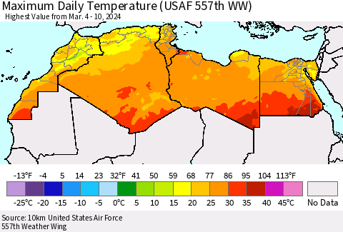 North Africa Maximum Daily Temperature (USAF 557th WW) Thematic Map For 3/4/2024 - 3/10/2024