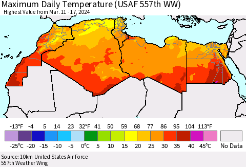 North Africa Maximum Daily Temperature (USAF 557th WW) Thematic Map For 3/11/2024 - 3/17/2024
