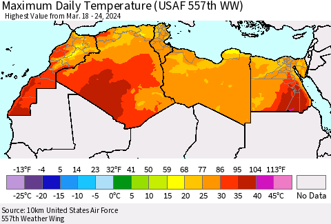 North Africa Maximum Daily Temperature (USAF 557th WW) Thematic Map For 3/18/2024 - 3/24/2024
