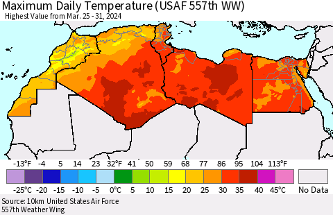 North Africa Maximum Daily Temperature (USAF 557th WW) Thematic Map For 3/25/2024 - 3/31/2024