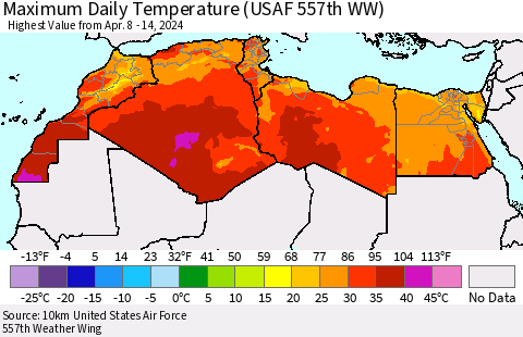 North Africa Maximum Daily Temperature (USAF 557th WW) Thematic Map For 4/8/2024 - 4/14/2024
