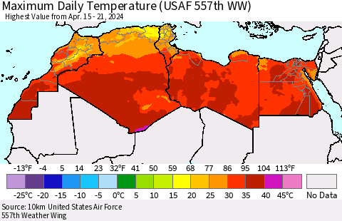 North Africa Maximum Daily Temperature (USAF 557th WW) Thematic Map For 4/15/2024 - 4/21/2024