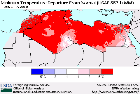 North Africa Mean Minimum Temperature Departure from Normal (USAF 557th WW) Thematic Map For 1/1/2018 - 1/7/2018