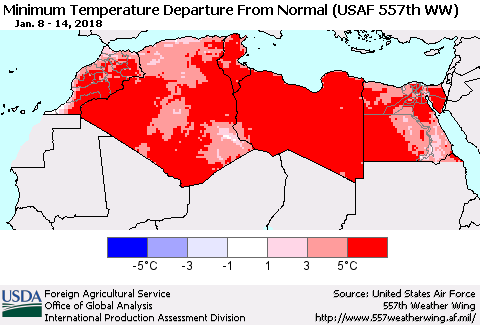 North Africa Mean Minimum Temperature Departure from Normal (USAF 557th WW) Thematic Map For 1/8/2018 - 1/14/2018