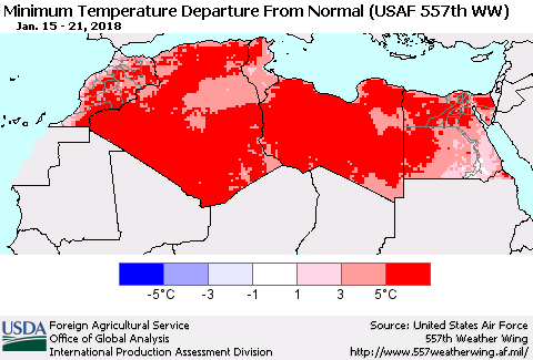 North Africa Mean Minimum Temperature Departure from Normal (USAF 557th WW) Thematic Map For 1/15/2018 - 1/21/2018