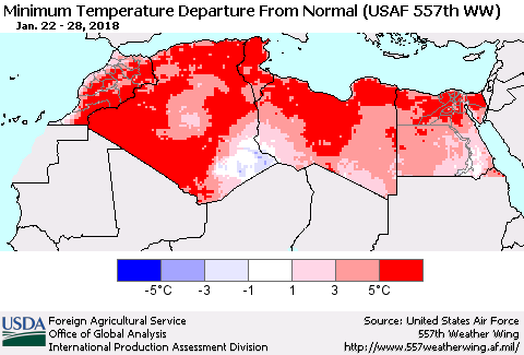 North Africa Mean Minimum Temperature Departure from Normal (USAF 557th WW) Thematic Map For 1/22/2018 - 1/28/2018