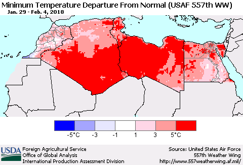 North Africa Mean Minimum Temperature Departure from Normal (USAF 557th WW) Thematic Map For 1/29/2018 - 2/4/2018