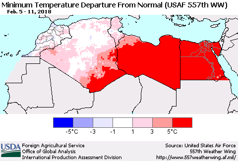 North Africa Mean Minimum Temperature Departure from Normal (USAF 557th WW) Thematic Map For 2/5/2018 - 2/11/2018
