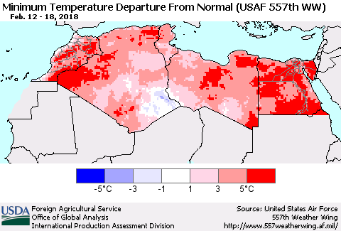 North Africa Mean Minimum Temperature Departure from Normal (USAF 557th WW) Thematic Map For 2/12/2018 - 2/18/2018