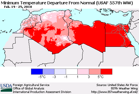 North Africa Mean Minimum Temperature Departure from Normal (USAF 557th WW) Thematic Map For 2/19/2018 - 2/25/2018