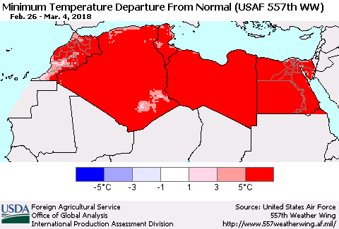 North Africa Mean Minimum Temperature Departure from Normal (USAF 557th WW) Thematic Map For 2/26/2018 - 3/4/2018