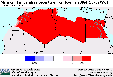 North Africa Mean Minimum Temperature Departure from Normal (USAF 557th WW) Thematic Map For 3/5/2018 - 3/11/2018