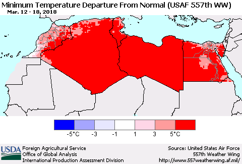 North Africa Mean Minimum Temperature Departure from Normal (USAF 557th WW) Thematic Map For 3/12/2018 - 3/18/2018