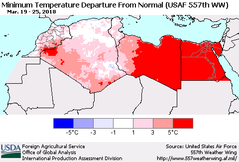North Africa Mean Minimum Temperature Departure from Normal (USAF 557th WW) Thematic Map For 3/19/2018 - 3/25/2018