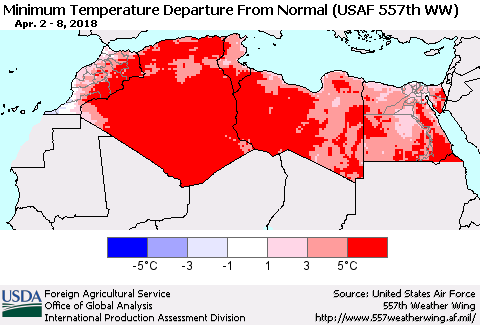 North Africa Mean Minimum Temperature Departure from Normal (USAF 557th WW) Thematic Map For 4/2/2018 - 4/8/2018