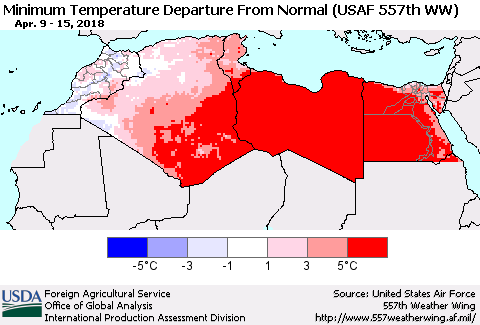 North Africa Mean Minimum Temperature Departure from Normal (USAF 557th WW) Thematic Map For 4/9/2018 - 4/15/2018