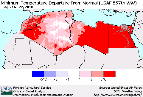 North Africa Mean Minimum Temperature Departure from Normal (USAF 557th WW) Thematic Map For 4/16/2018 - 4/22/2018