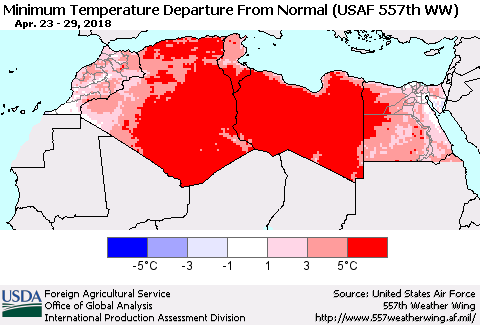 North Africa Mean Minimum Temperature Departure from Normal (USAF 557th WW) Thematic Map For 4/23/2018 - 4/29/2018